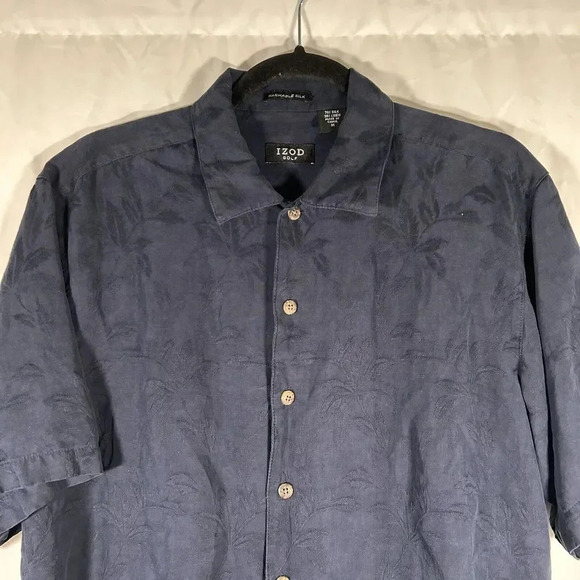 IZOD Golf Shirt Mens Medium Black Floral Silk Linen Blend Button Up - Picture 2 of 9
